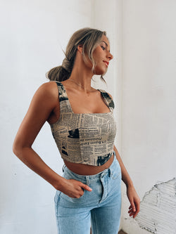 News Print Cropped Bustier Top