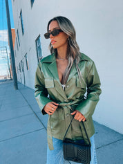 Green Pleather Belted Shacket