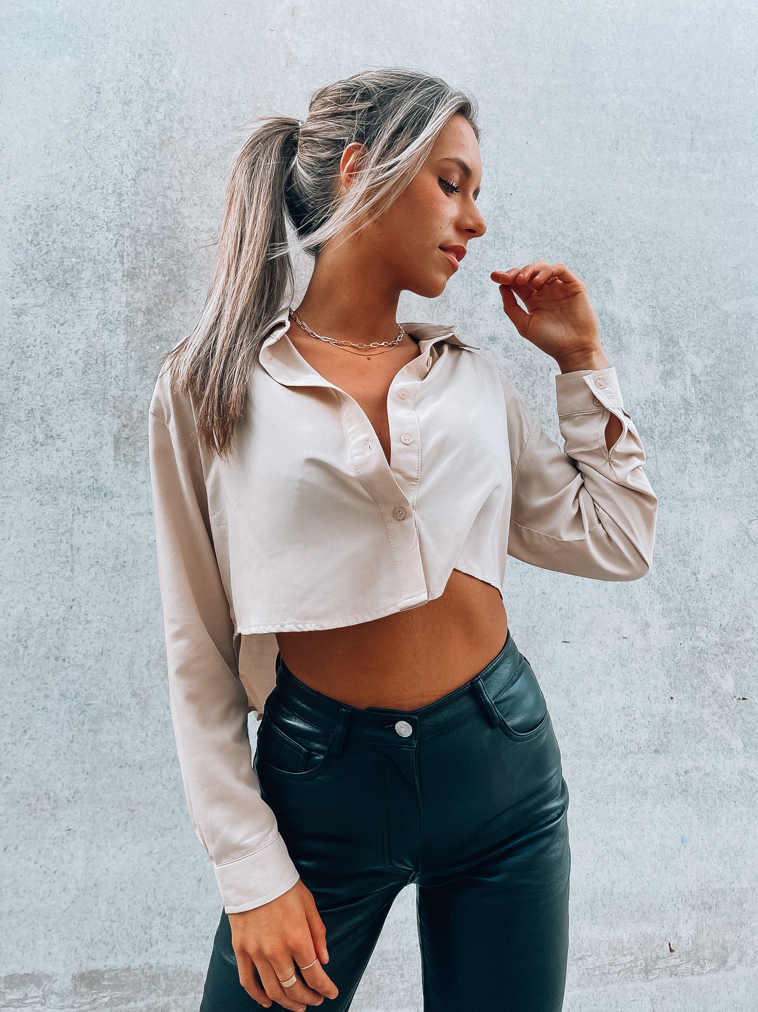 SALE :Taupe Cropped Button Down