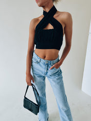 Kashmira Crossed Halter Crop In Black